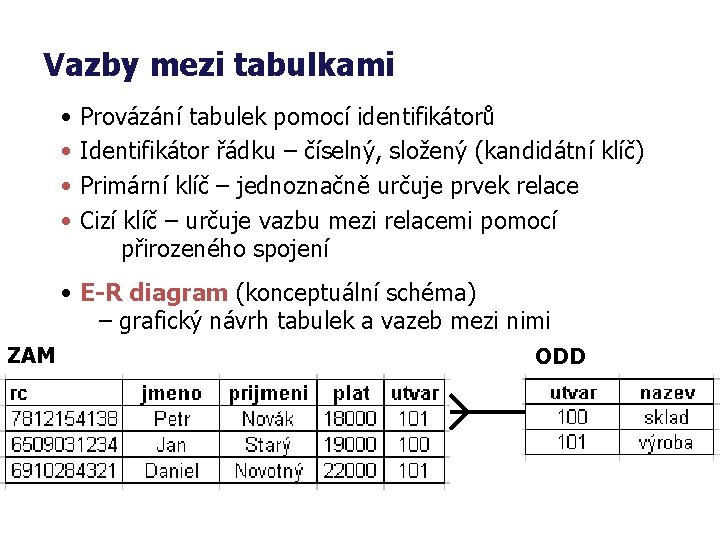 Vazby mezi tabulkami • • Provázání tabulek pomocí identifikátorů Identifikátor řádku – číselný, složený