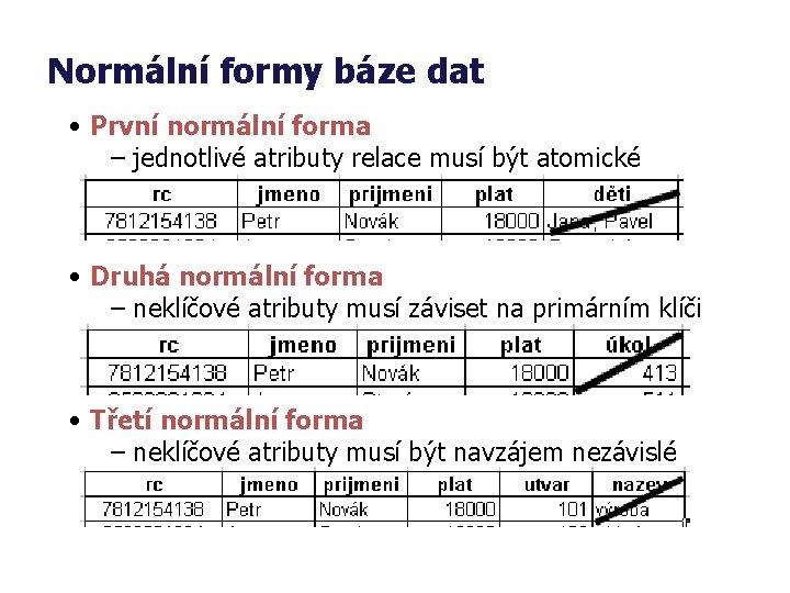 Normální formy báze dat • První normální forma – jednotlivé atributy relace musí být