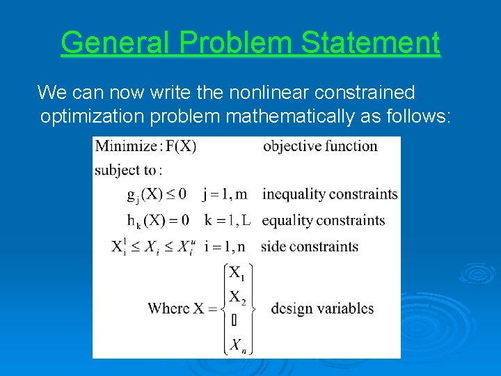 General Problem Statement We can now write the nonlinear constrained optimization problem mathematically as