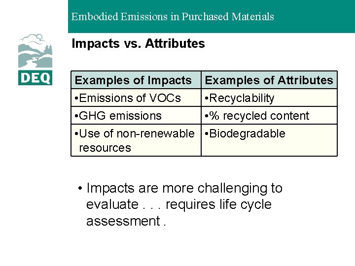 Embodied Emissions in Purchased Materials Impacts vs. Attributes Examples of Impacts • Emissions of