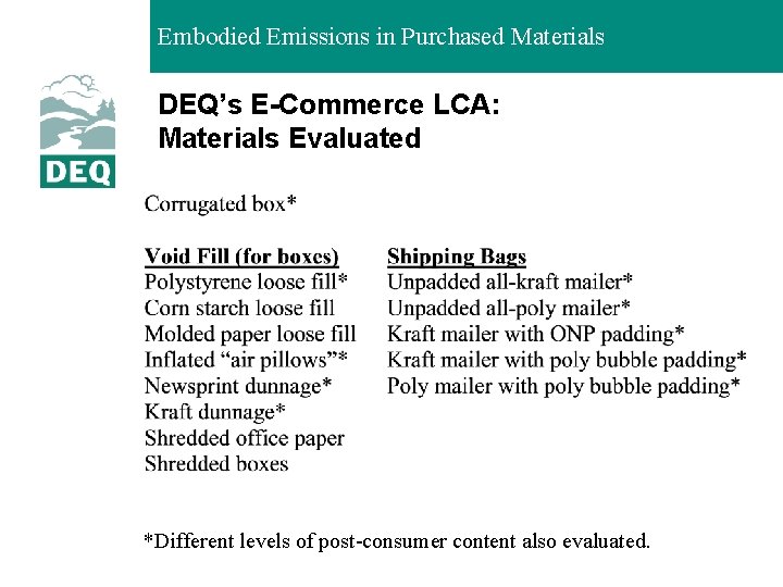 Embodied Emissions in Purchased Materials DEQ’s E-Commerce LCA: Materials Evaluated *Different levels of post-consumer