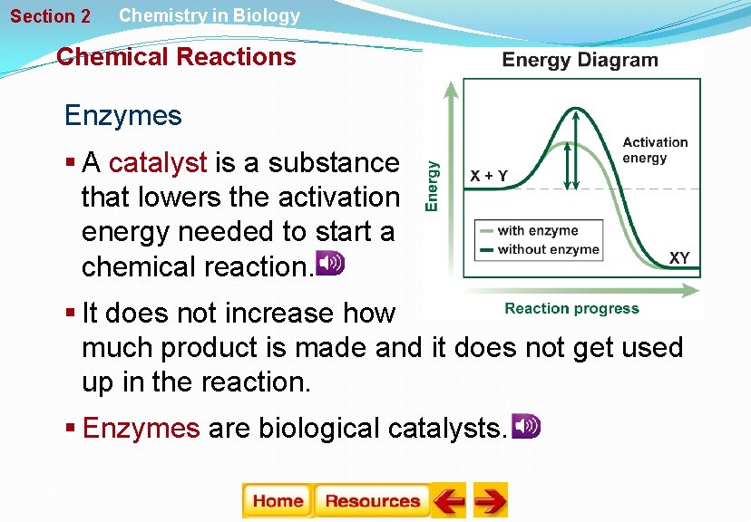 Section 2 Chemistry in Biology Chemical Reactions Enzymes § A catalyst is a substance