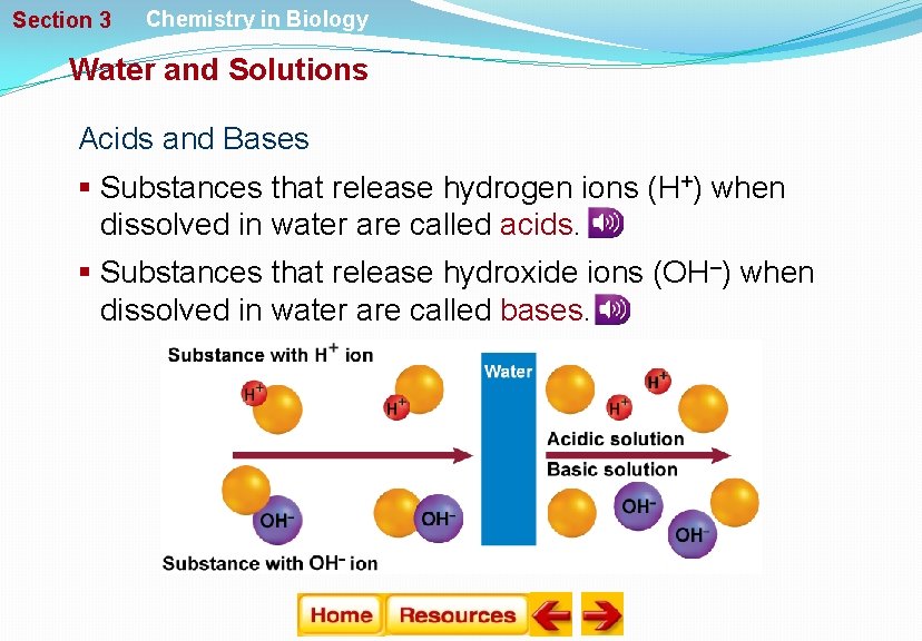 Section 3 Chemistry in Biology Water and Solutions Acids and Bases § Substances that