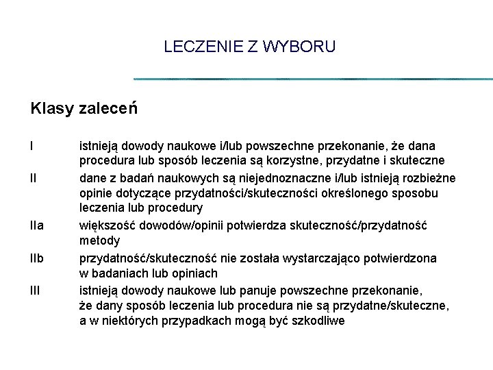 LECZENIE Z WYBORU Klasy zaleceń I II IIa IIb III istnieją dowody naukowe i/lub