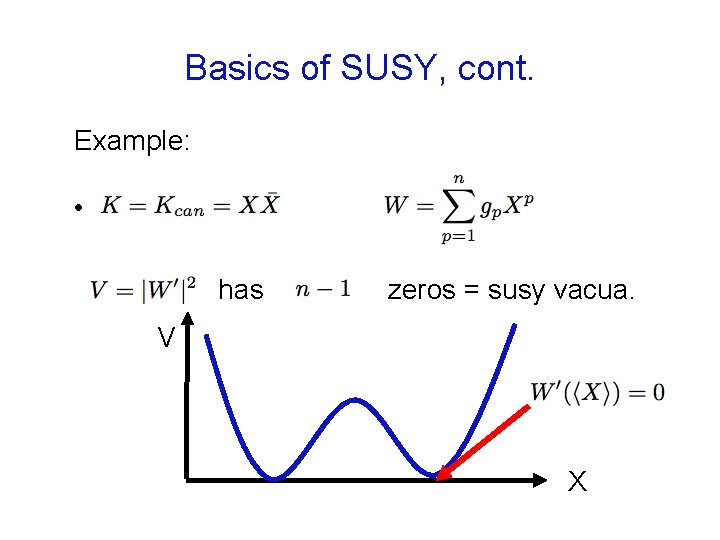 Basics of SUSY, cont. Example: • has zeros = susy vacua. V X 