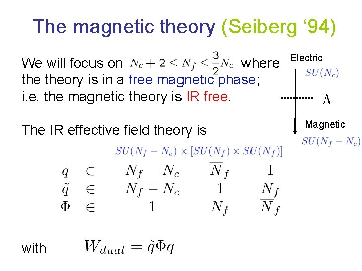 The magnetic theory (Seiberg ‘ 94) We will focus on where theory is in