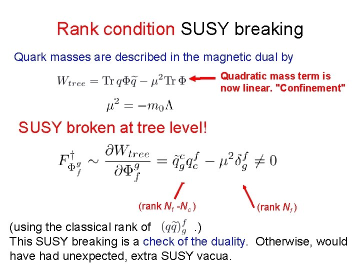 Rank condition SUSY breaking Quark masses are described in the magnetic dual by Quadratic