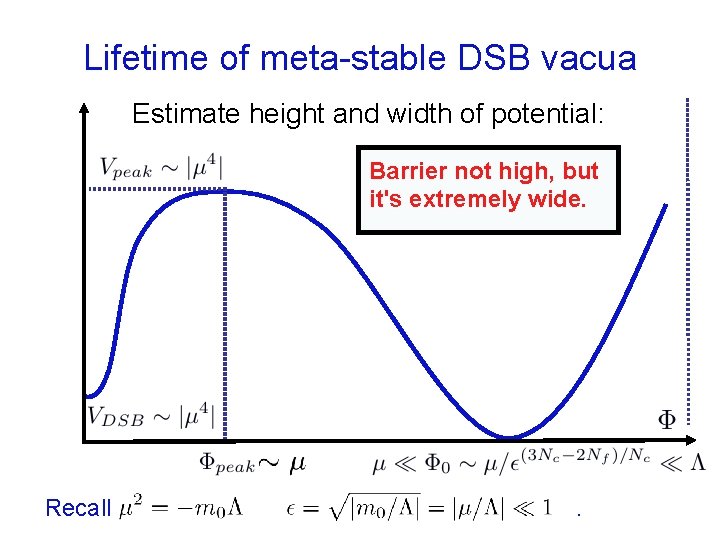 Lifetime of meta-stable DSB vacua Estimate height and width of potential: Barrier not high,