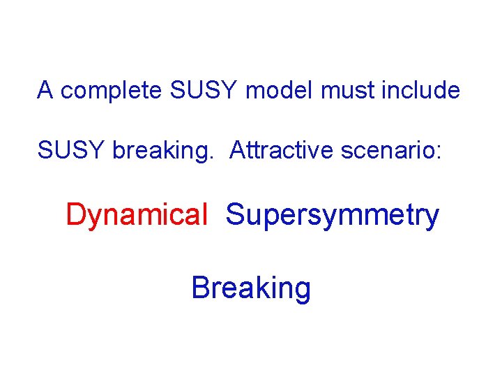 A complete SUSY model must include SUSY breaking. Attractive scenario: Dynamical Supersymmetry Breaking 