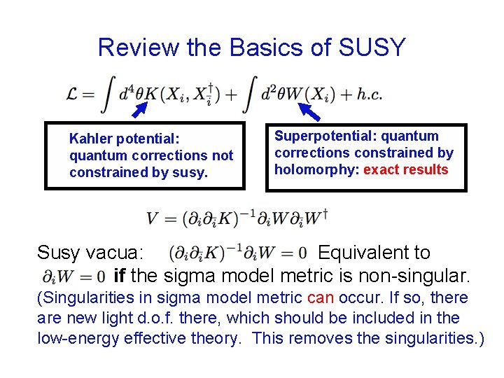 Review the Basics of SUSY Kahler potential: quantum corrections not constrained by susy. Superpotential: