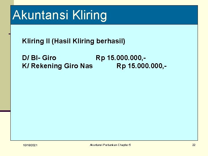 Akuntansi Kliring II (Hasil Kliring berhasil) D/ BI- Giro Rp 15. 000, K/ Rekening