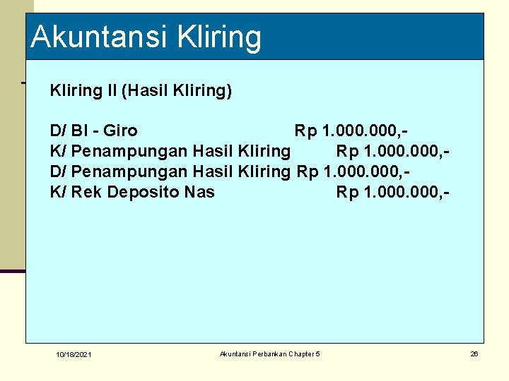 Akuntansi Kliring II (Hasil Kliring) D/ BI - Giro Rp 1. 000, K/ Penampungan