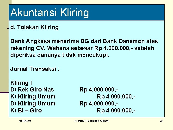 Akuntansi Kliring d. Tolakan Kliring Bank Angkasa menerima BG dari Bank Danamon atas rekening