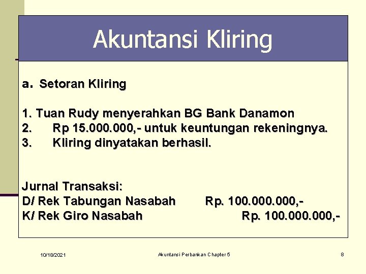 Akuntansi Kliring a. Setoran Kliring 1. Tuan Rudy menyerahkan BG Bank Danamon 2. Rp