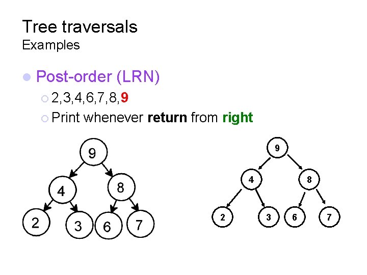 Tree traversals Examples Post-order (LRN) 2, 3, 4, 6, 7, 8, 9 Print whenever