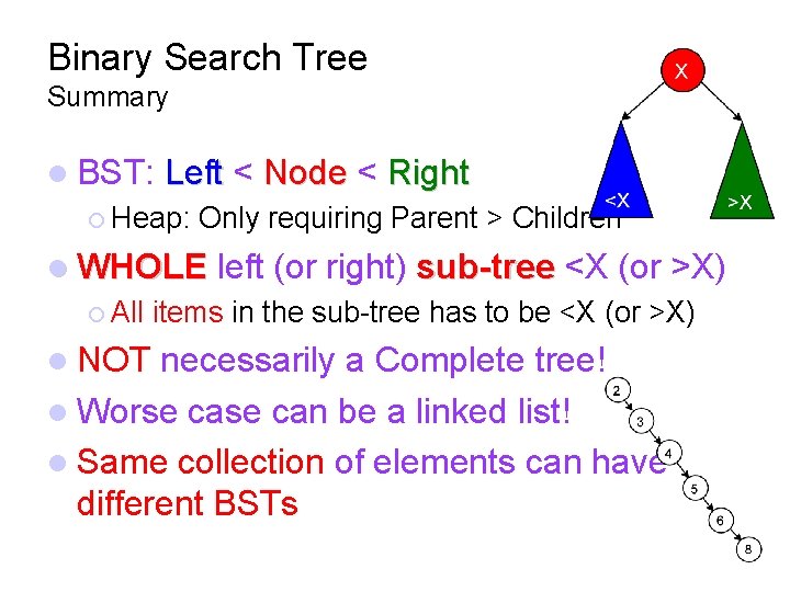 Binary Search Tree Summary BST: Left < Node < Right Heap: Only requiring Parent
