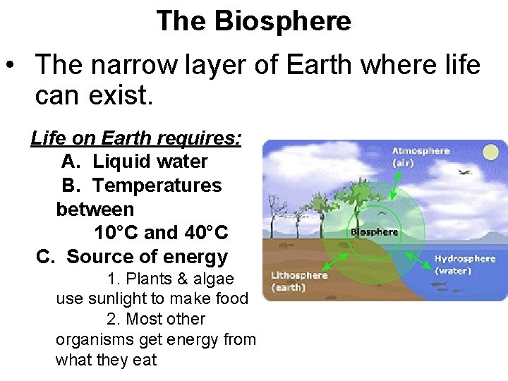 The Biosphere • The narrow layer of Earth where life can exist. Life on The Biosphere • The narrow layer of Earth where life can exist. Life on