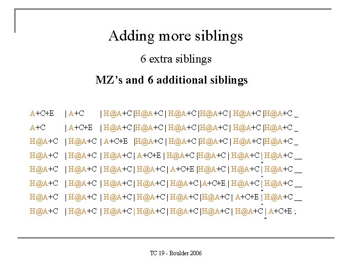 Adding more siblings 6 extra siblings MZ’s and 6 additional siblings A+C+E | A+C