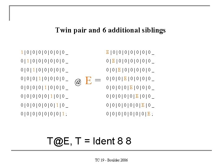 Twin pair and 6 additional siblings 1|0|0|0|0_ E|0|0|0|0_ 0|1|0|0|0_ 0|E|0|0|0_ 0|0|1|0|0|0_ 0|0|E|0|0|0_ 0|0|0|1|0|0_ 0|0|1|0|0|0_