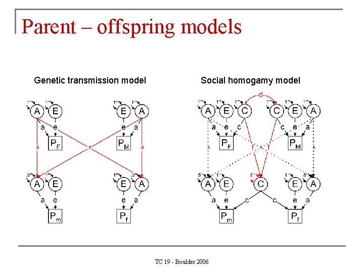 Parent – offspring models Genetic transmission model Social homogamy model TC 19 - Boulder