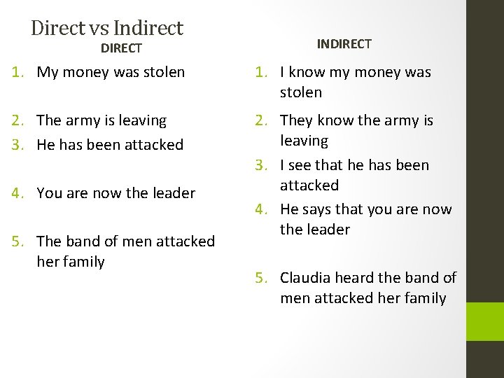 Direct vs Indirect DIRECT INDIRECT 1. My money was stolen 1. I know my