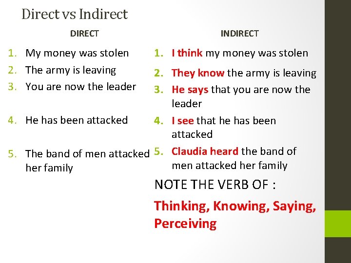 Direct vs Indirect DIRECT 1. My money was stolen 2. The army is leaving