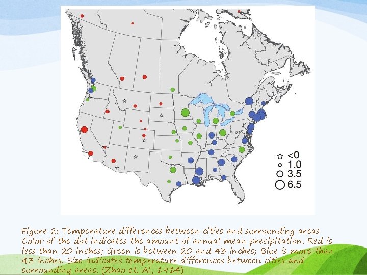 Figure 2: Temperature differences between cities and surrounding areas Color of the dot indicates