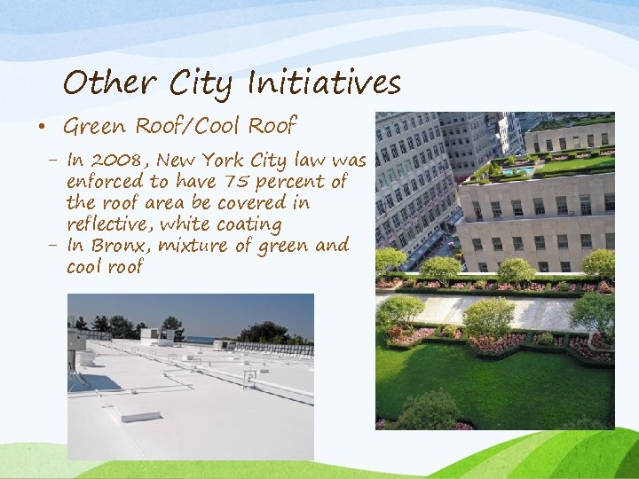 Other City Initiatives • Green Roof/Cool Roof - In 2008, New York City law