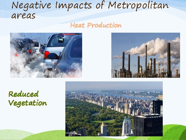 Negative Impacts of Metropolitan areas Heat Production Reduced Vegetation 