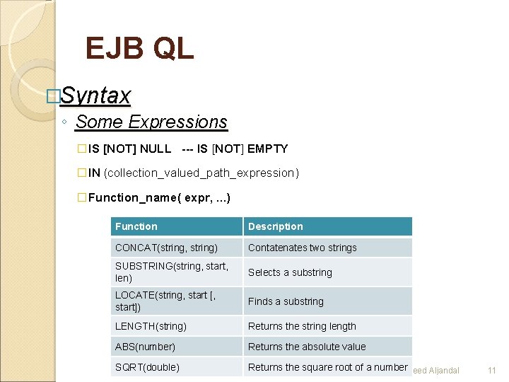 EJB QL �Syntax ◦ Some Expressions �IS [NOT] NULL --- IS [NOT] EMPTY �IN