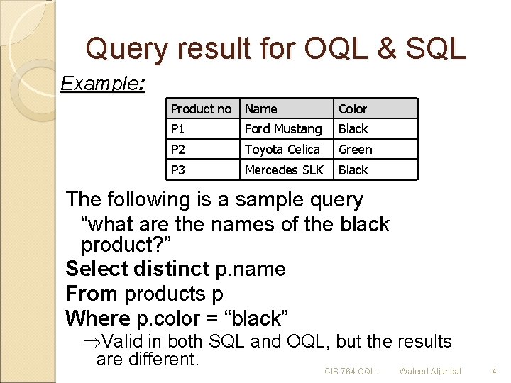 Query result for OQL & SQL Example: Product no Name Color P 1 Ford