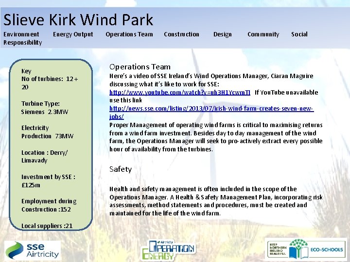 Slieve Kirk Wind Park Environment Responsibility Energy Output Key No of turbines: 12 +