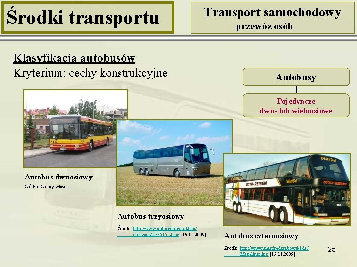 Środki transportu Transport samochodowy Klasyfikacja autobusów Kryterium: cechy konstrukcyjne przewóz osób Autobusy Pojedyncze dwu-