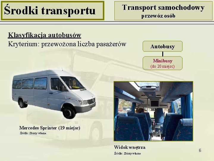 Środki transportu Transport samochodowy przewóz osób Klasyfikacja autobusów Kryterium: przewożona liczba pasażerów Autobusy Minibusy