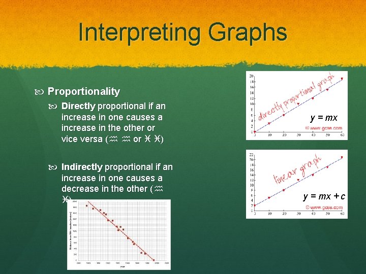 Interpreting Graphs Proportionality Directly proportional if an increase in one causes a increase in