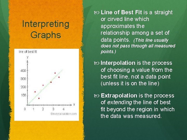 Interpreting Graphs Line of Best Fit is a straight or cirved line which approximates Interpreting Graphs Line of Best Fit is a straight or cirved line which approximates