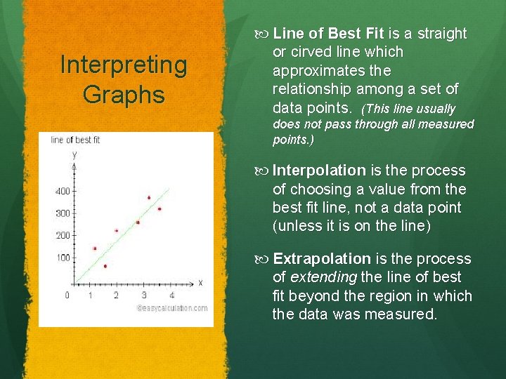 Interpreting Graphs Line of Best Fit is a straight or cirved line which approximates