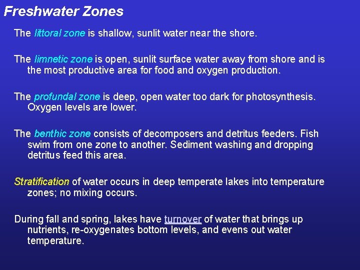 Freshwater Zones The littoral zone is shallow, sunlit water near the shore. The limnetic
