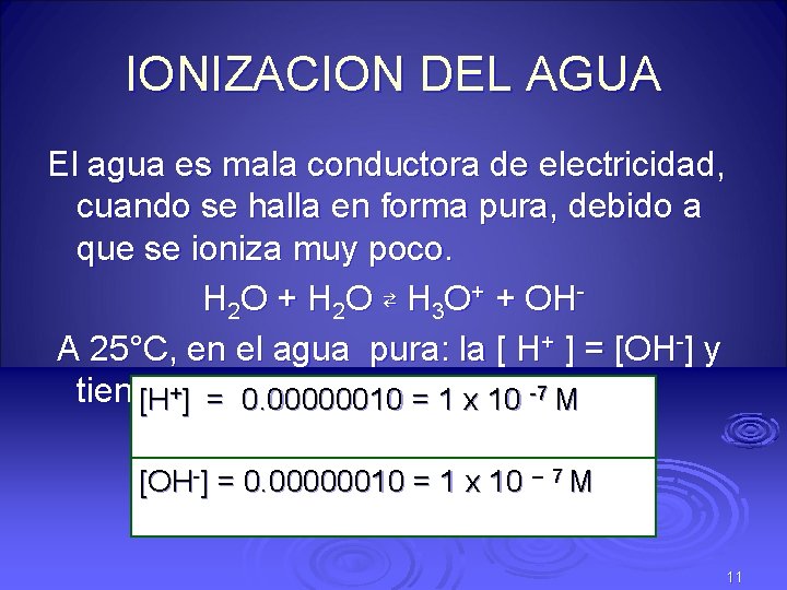 IONIZACION DEL AGUA El agua es mala conductora de electricidad, cuando se halla en