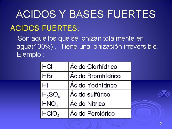 ACIDOS Y BASES FUERTES ACIDOS FUERTES: Son aquellos que se ionizan totalmente en agua(100%).