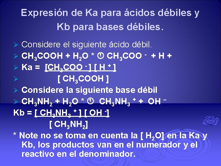 Expresión de Ka para ácidos débiles y Kb para bases débiles. Considere el siguiente