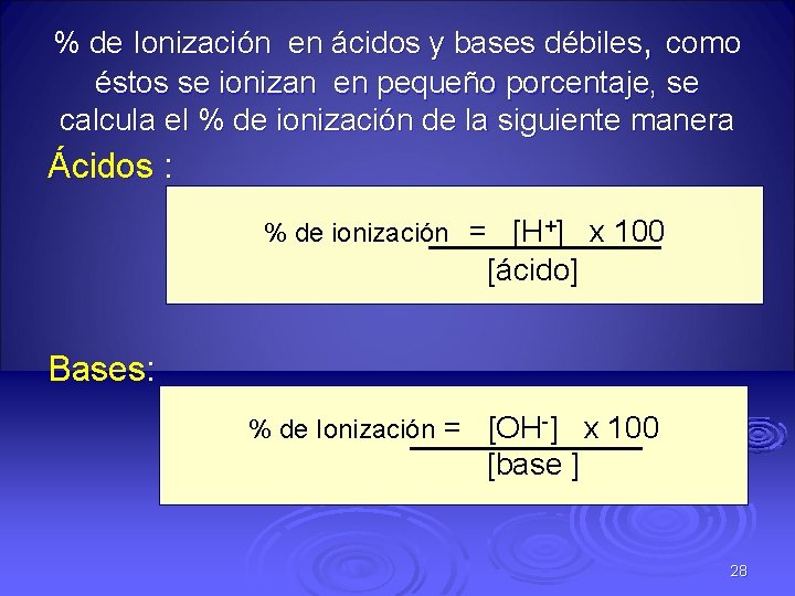 % de Ionización en ácidos y bases débiles, como éstos se ionizan en pequeño