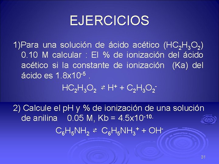 EJERCICIOS 1)Para una solución de ácido acético (HC 2 H 3 O 2) 0.