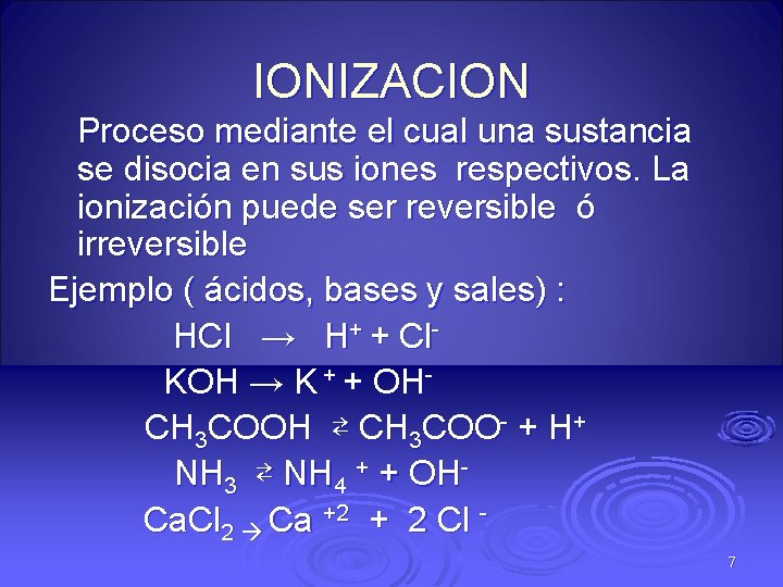 IONIZACION Proceso mediante el cual una sustancia se disocia en sus iones respectivos. La