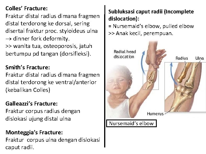 Colles’ Fracture: Fraktur distal radius dimana fragmen distal terdorong ke dorsal, sering disertai fraktur
