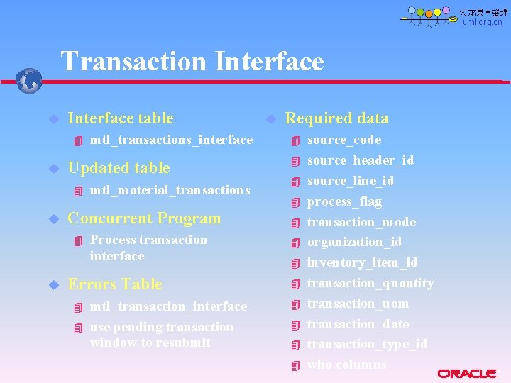 Transaction Interface u Interface table 4 u Updated table 4 u mtl_material_transactions Concurrent Program Transaction Interface u Interface table 4 u Updated table 4 u mtl_material_transactions Concurrent Program