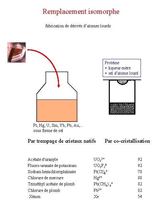 Remplacement isomorphe fabrication de dérivés d’atomes lourds Protéine + liqueur-mère + sel d’atome lourd