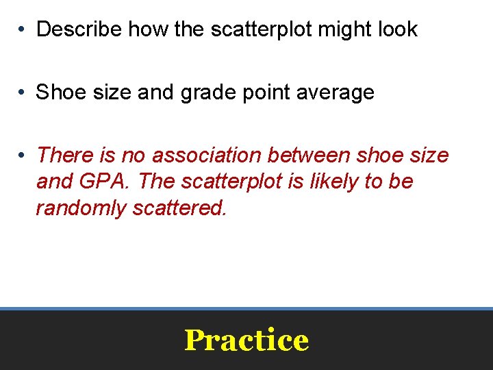  • Describe how the scatterplot might look • Shoe size and grade point