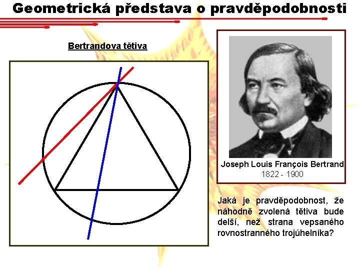 Geometrická představa o pravděpodobnosti Bertrandova tětiva Joseph Louis François Bertrand 1822 - 1900 Jaká
