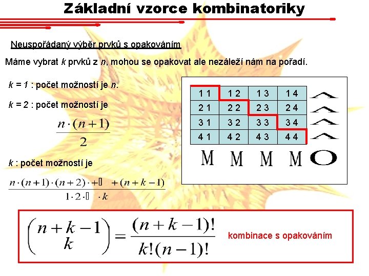 Základní vzorce kombinatoriky Neuspořádaný výběr prvků s opakováním Máme vybrat k prvků z n, Základní vzorce kombinatoriky Neuspořádaný výběr prvků s opakováním Máme vybrat k prvků z n,